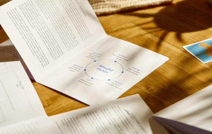 a table topped with papers and a cup of coffee